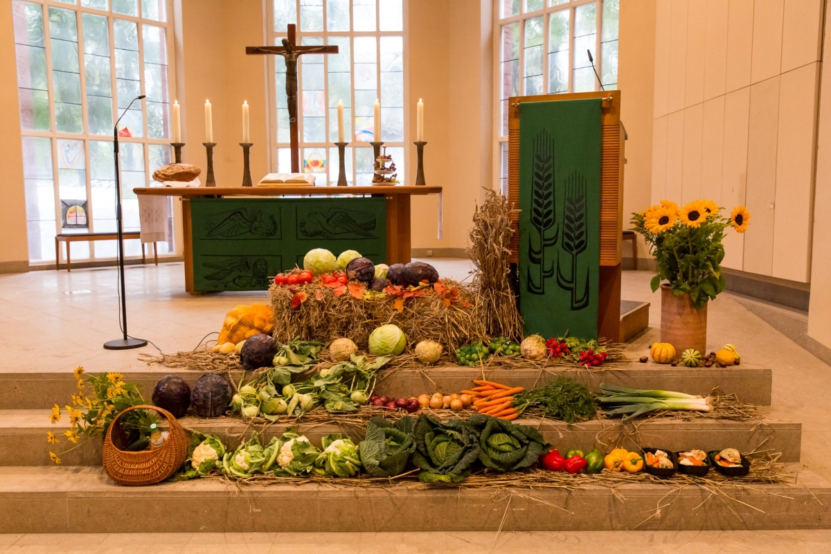 Diverse Ernteobjekte wie Kürbis, Zwiebeln und Sonnenblumen drapiert vor den Stufen auf einem Altar.