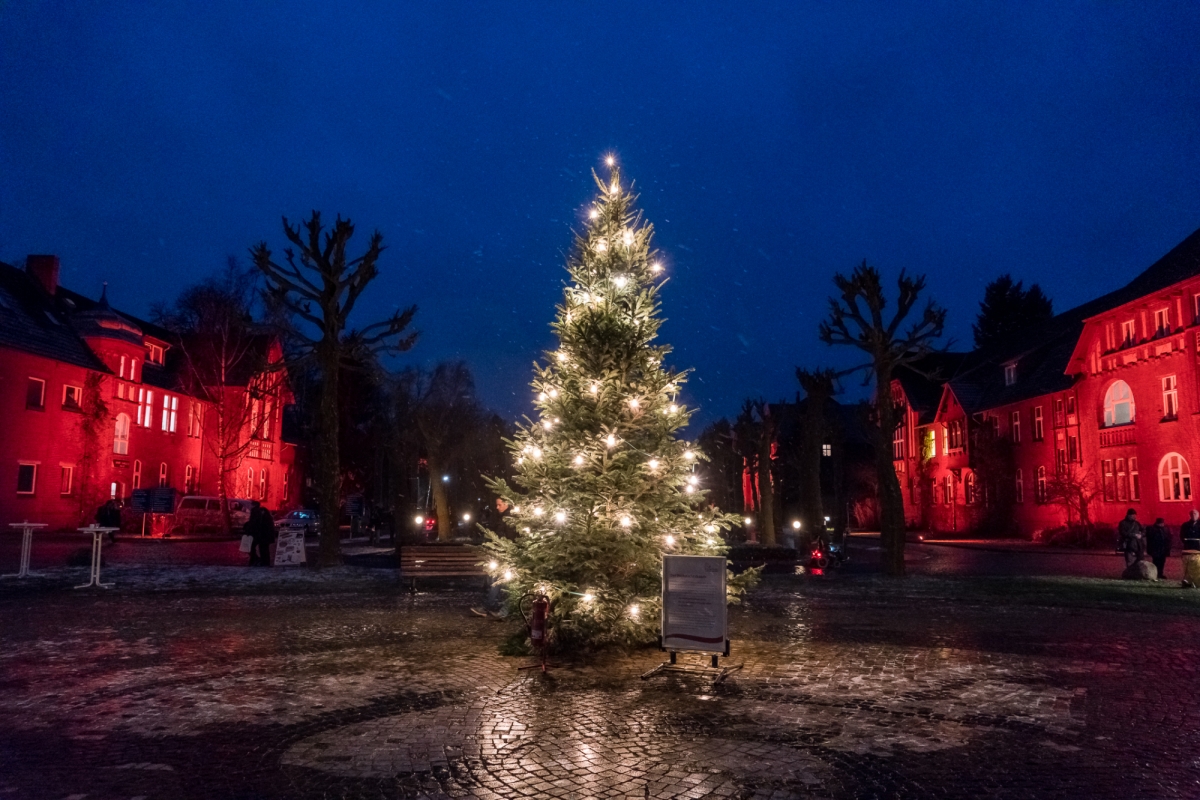 Ein leuchtender Weihnachtsbaum auf dem Kirchvorplatz.