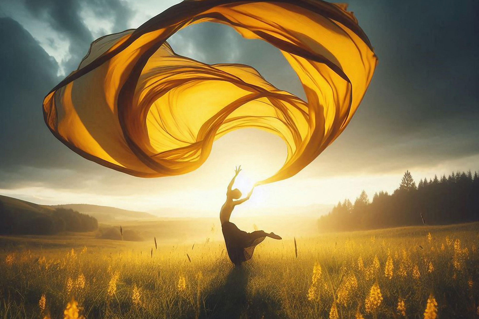 Fiktivies Bild auf dem eine Person mit einem großen gelben Tuch auf einer Wiese tanzt 